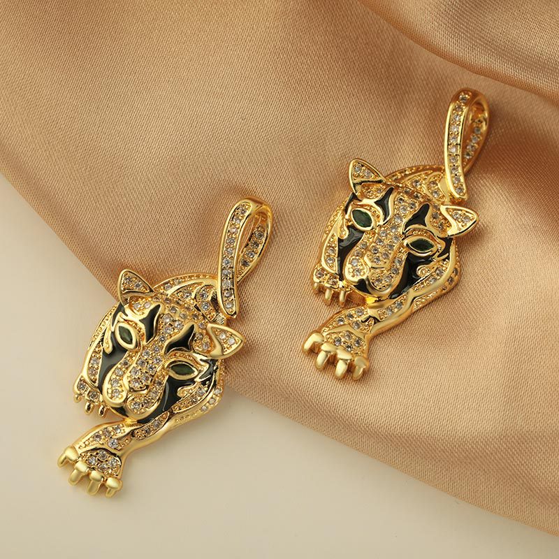 European and American cross-border copper-plated real gold animal leopard head trendy hip-hop pendant necklace wholesale for women details Picture