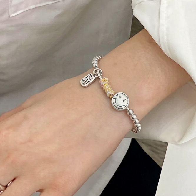 999足银3.6笑脸招财纳福银珠手链女礼物ins小众简约百搭弹力绳手串