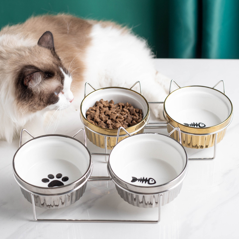 Gold-plated ceramic pet cat bowl, double bowl for cervical vertebrae protection, dog bowl, cat basin, cat food bowl, food bowl, rice bowl, stainless steel bowl stand