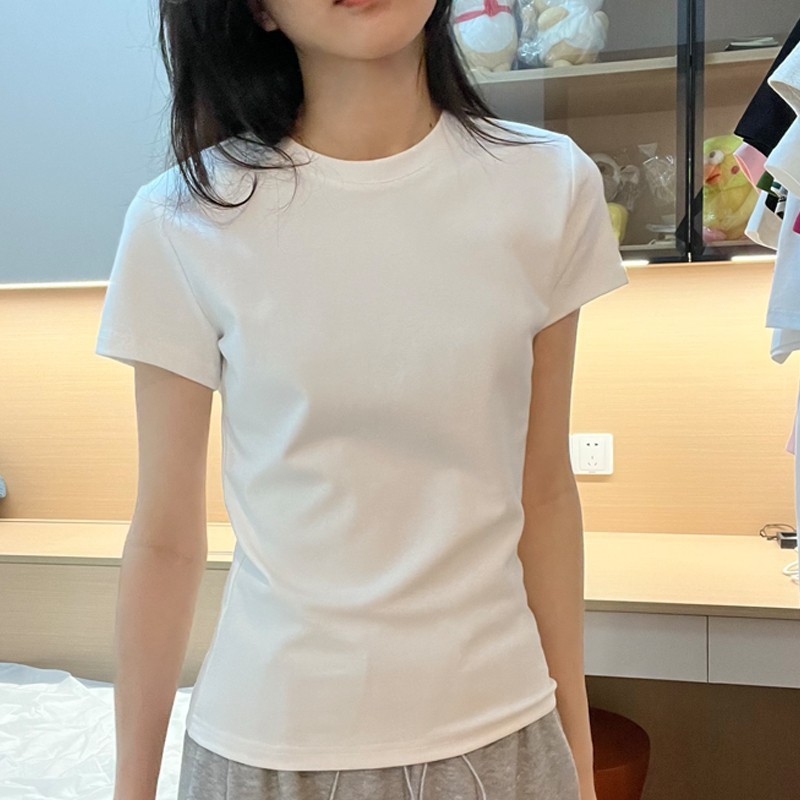 纯棉正肩短袖T恤女夏休闲百搭修身上衣白色T恤显瘦基础款打底衫女