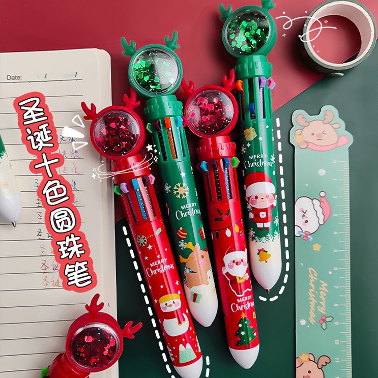 New Christmas card glitter Christmas reindeer snowman multi-color pen Creative planner pen 10-color press Ballpoint pen Specification image