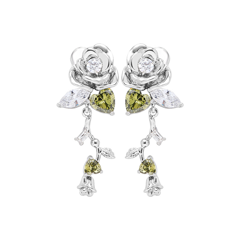 925 Silver Needle Green Leaf Rose Earrings with a Light luxury and high-end Feel for Autumn and Winter 2024 New Style, heart-shaped Zircon earrings Item Picture