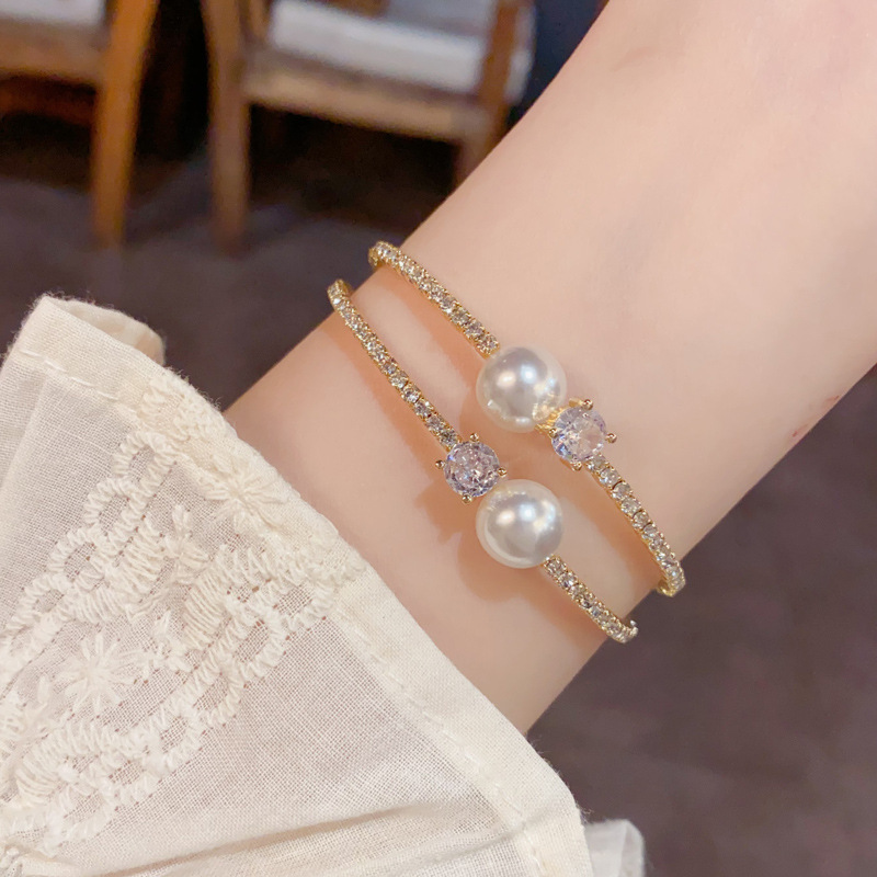 Amazon cross-border high-end full-diamond double-layer pearl open bracelet for women, exquisite and versatile bracelet accessories wholesale