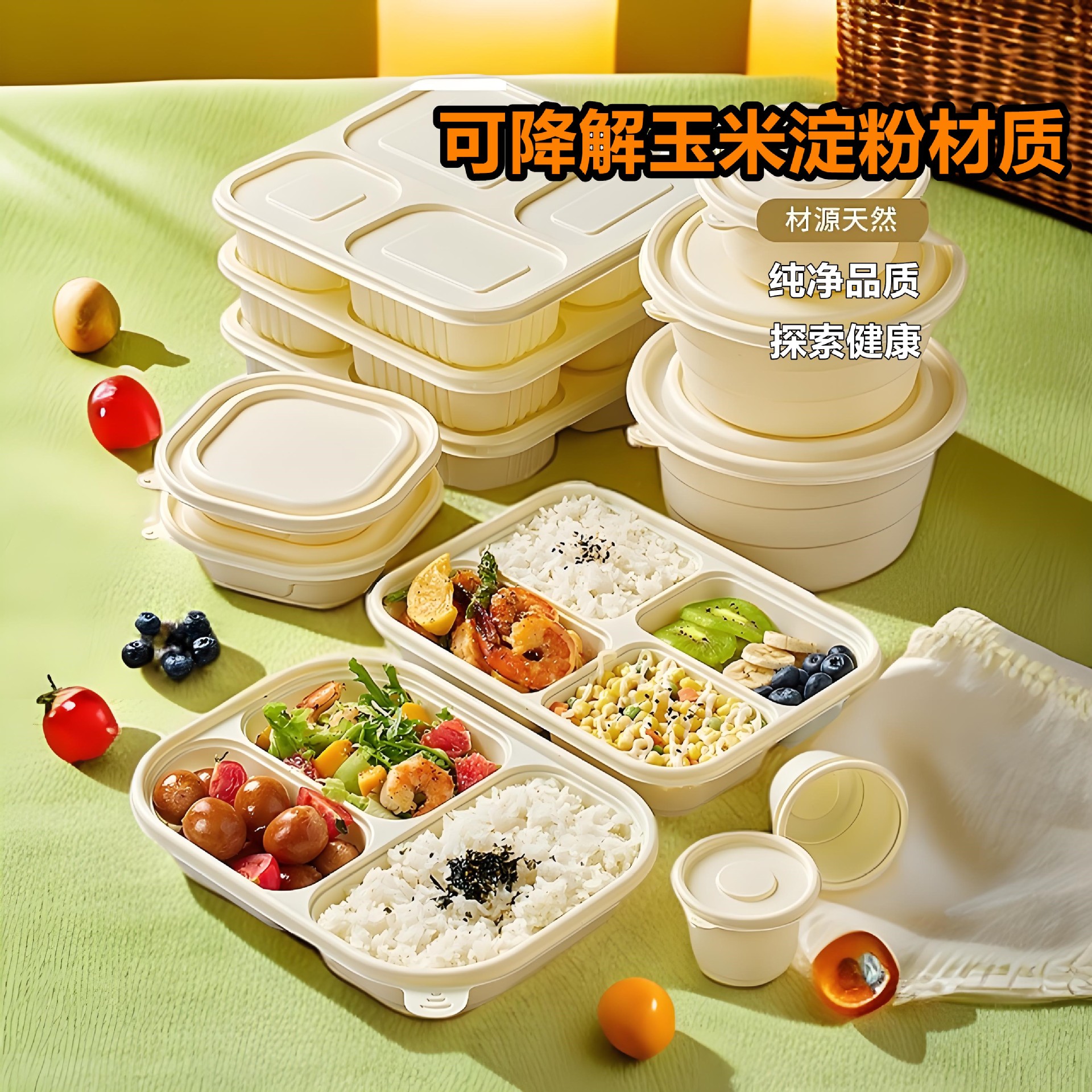 Disposable corn starch lunch boxes, food-grade, environmentally friendly and degradable compartments, microwave-heated takeout packaging boxes details Picture