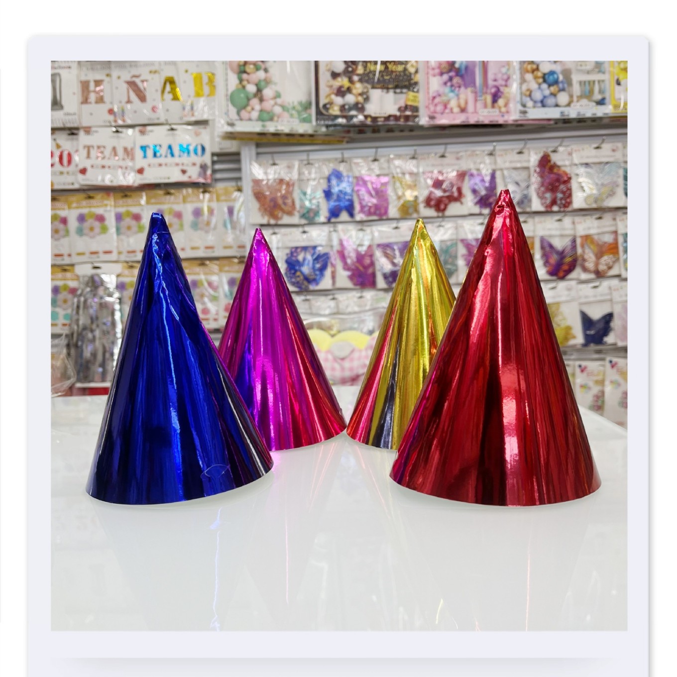 Cross-border aluminum film headwear, birthday hat, solid color, children and adults, smooth laser decorative paper hat, colorful glossy paper