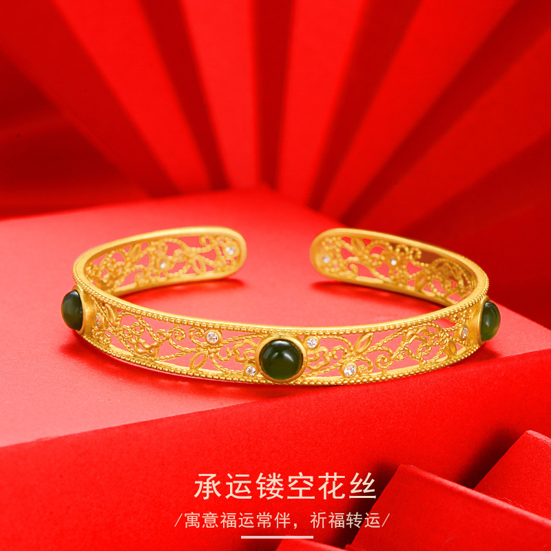 Wholesale female inlaid Hetian jade bracelet, Chinese-style hollowed-out design, Chinese-style jewelry, Douyin bestseller