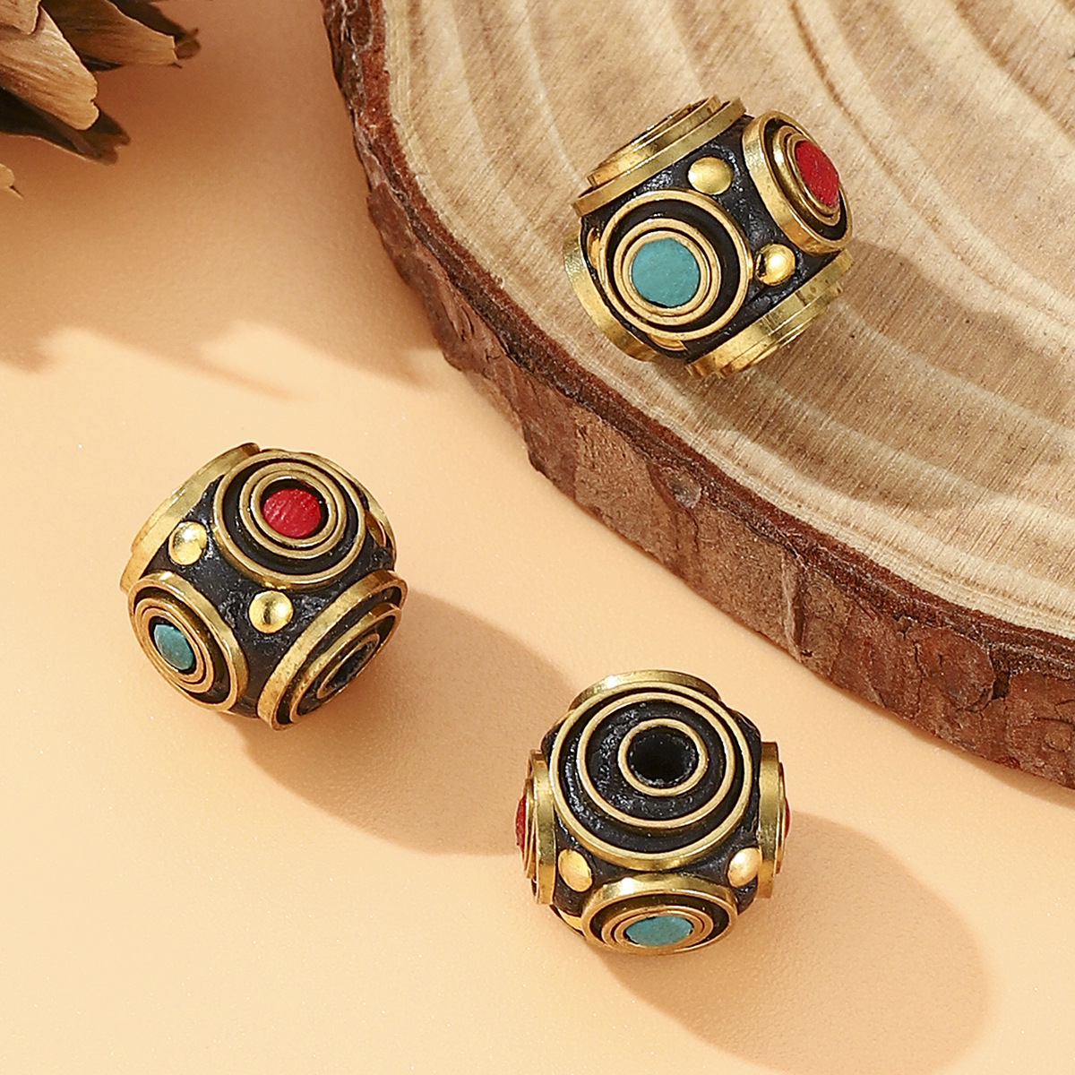 2025 New Tibetan-Nepalese copper bead separator, retro handcrafted red and green stone bucket bead DIY jewelry accessory details Picture