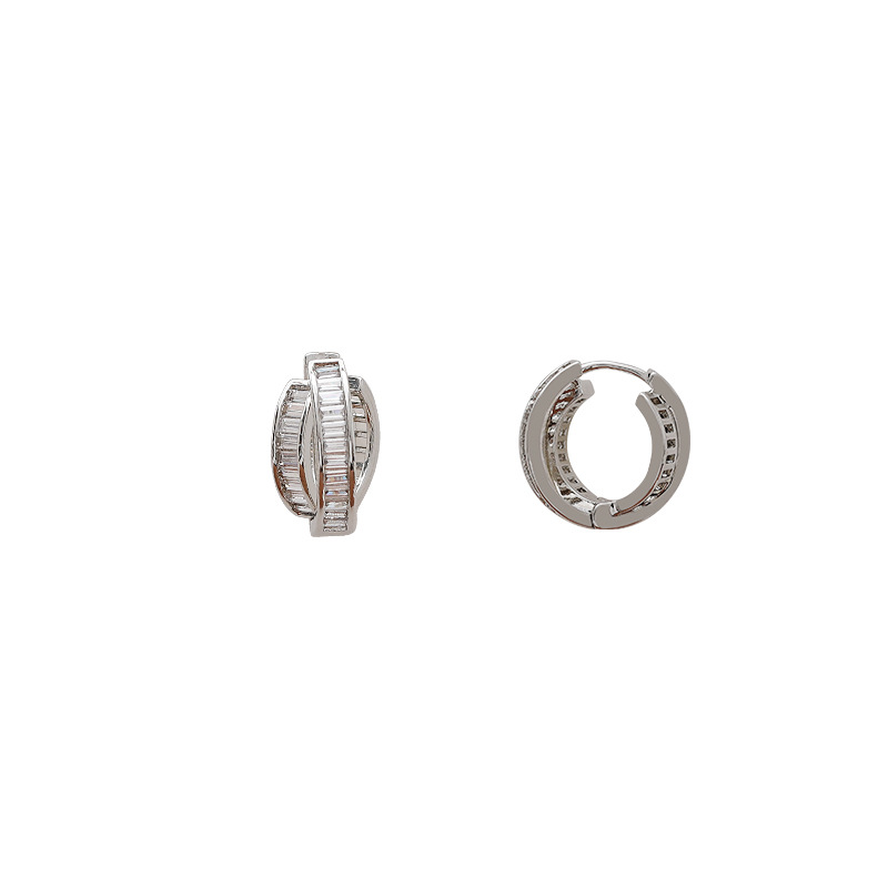 New cross-border ultra-sparkling copper inlaid zircon double-loop ear buckle women's European and American exquisite, simple and versatile design earring accessories Item Picture