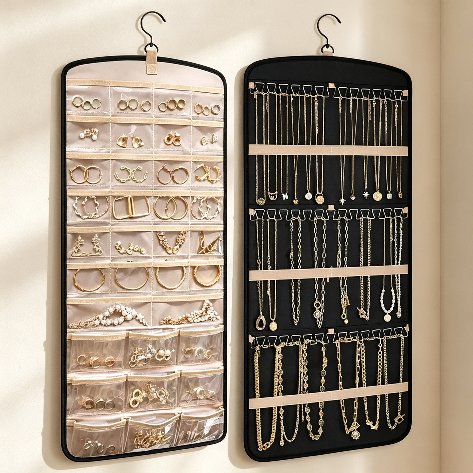 Doble cara colgante joyería bolsa de almacenamiento plegable con gancho de metal pvc anti-oxidación aplicable pendientes collar anillo