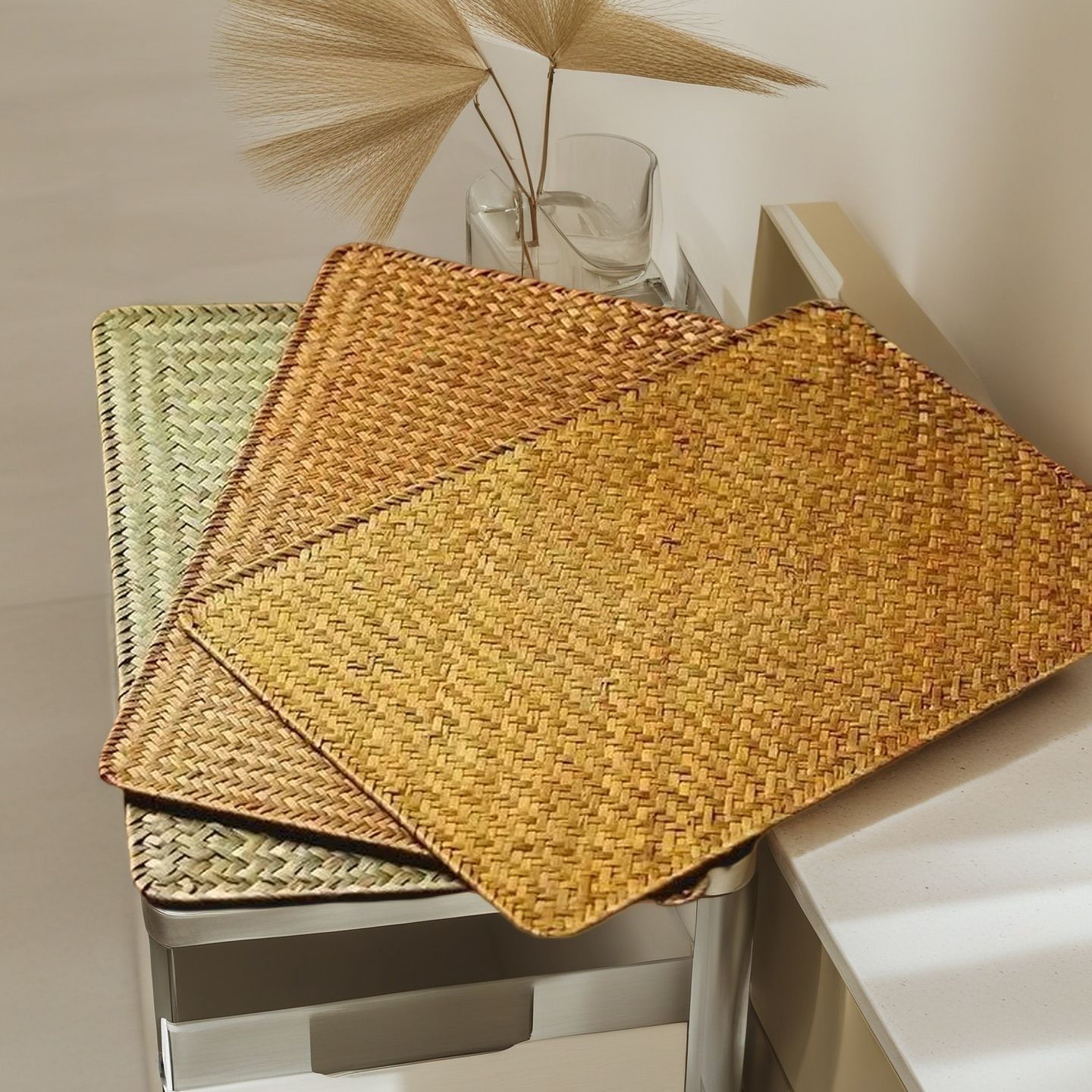 大号藤草编织餐垫茶盘垫复古中式方形装饰田园风隔热垫拍照道具