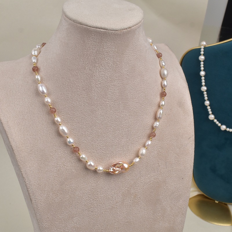 French caramel grass mold crystal natural stone Baroque natural freshwater pearl necklace, a new high-end sweater chain for women Specification image