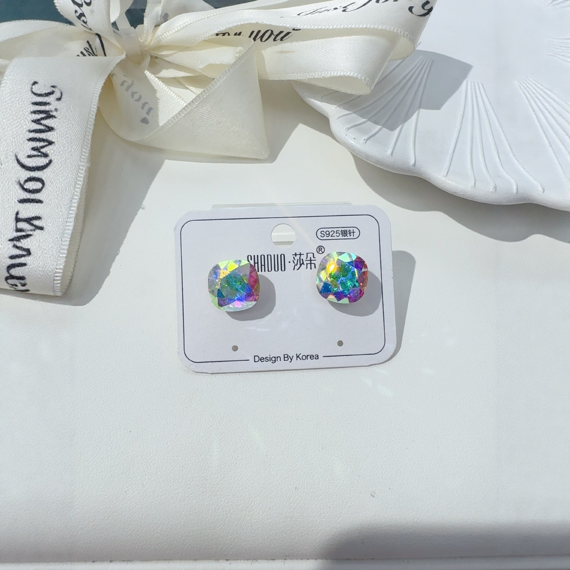 Korean-style Swarovski crystal multi-color super flash fat Fanghua Zi ear studs, star-style pure silver ear studs, first-hand supply, women's accessories, ear studs, ins style ear studs for men and women details Picture