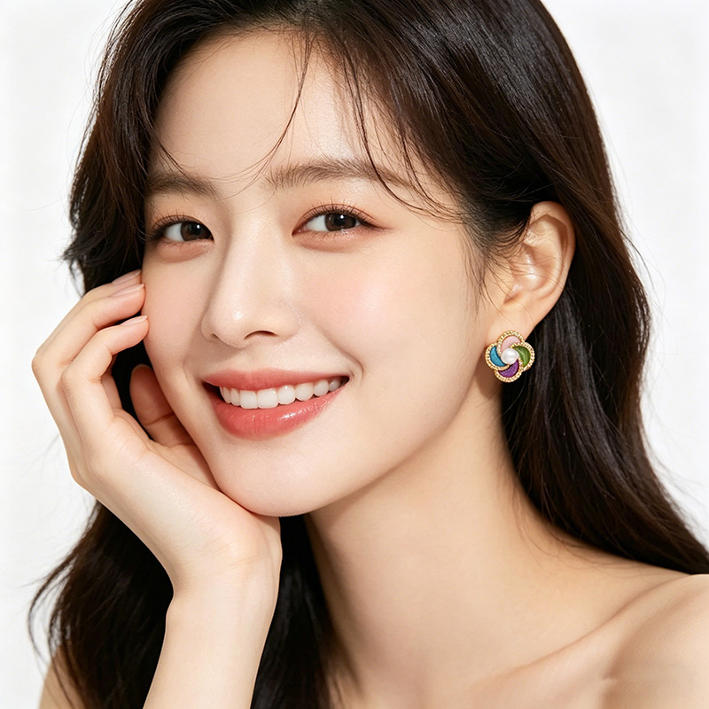 Spring and summer cherry blossom pink enamel drop glaze earrings for women's new style, super gentle, fresh and three-dimensional windmill human stud earrings details Picture