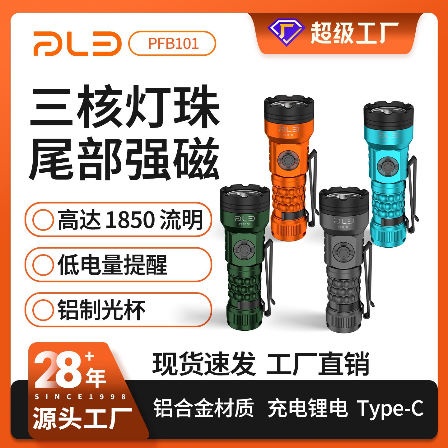 Cross-border 2026 New high-intensity long-range flashlight, three-core LED high-brightness outdoor clip magnetic attraction work light flashlight