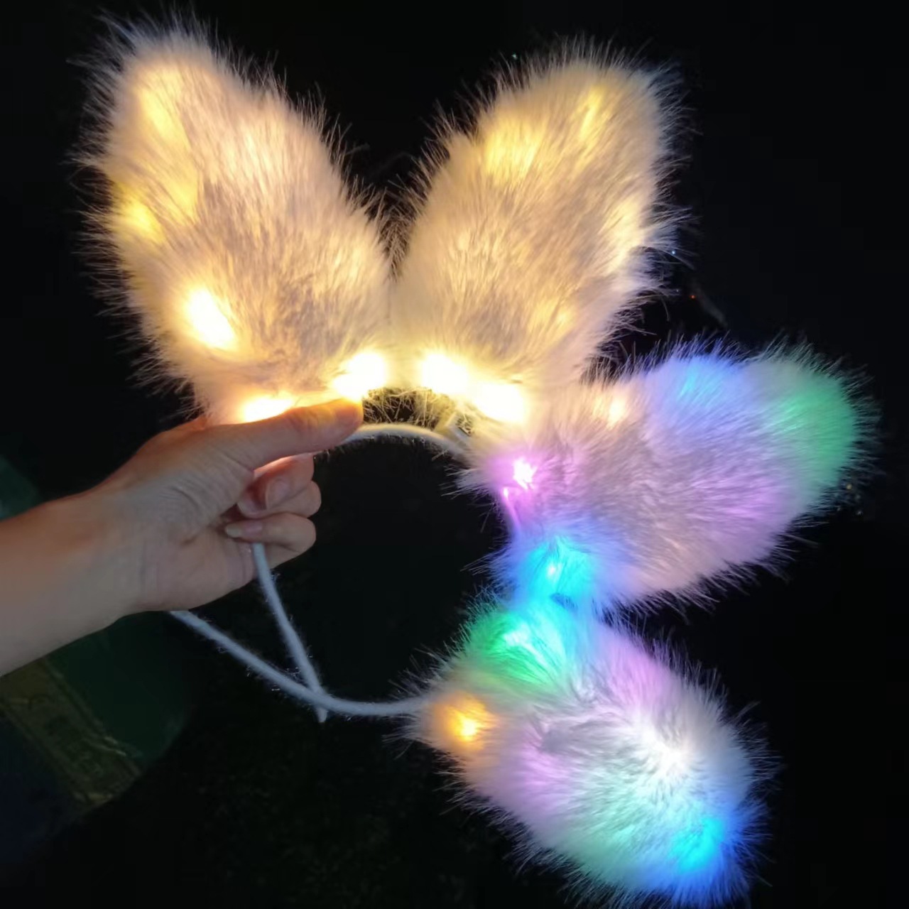 网红新款发光狐狸毛兔女郎发箍闪光毛绒兔耳朵夜市演唱会头饰批发