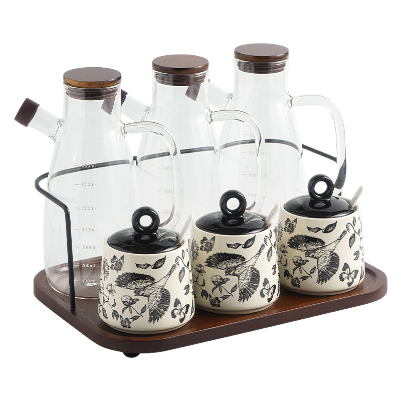 ins Seasoning Bottle, seasoning box, glass oil pot, household kitchen ceramic seasoning jar with lid, soy sauce bottle combination set Item Picture