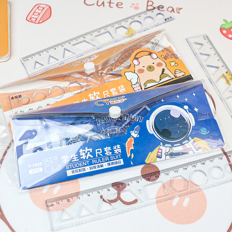 Cute cartoon student stationery four-piece set, soft ruler series, high appearance level transparent scale straight ruler, special drawing ruler details Picture
