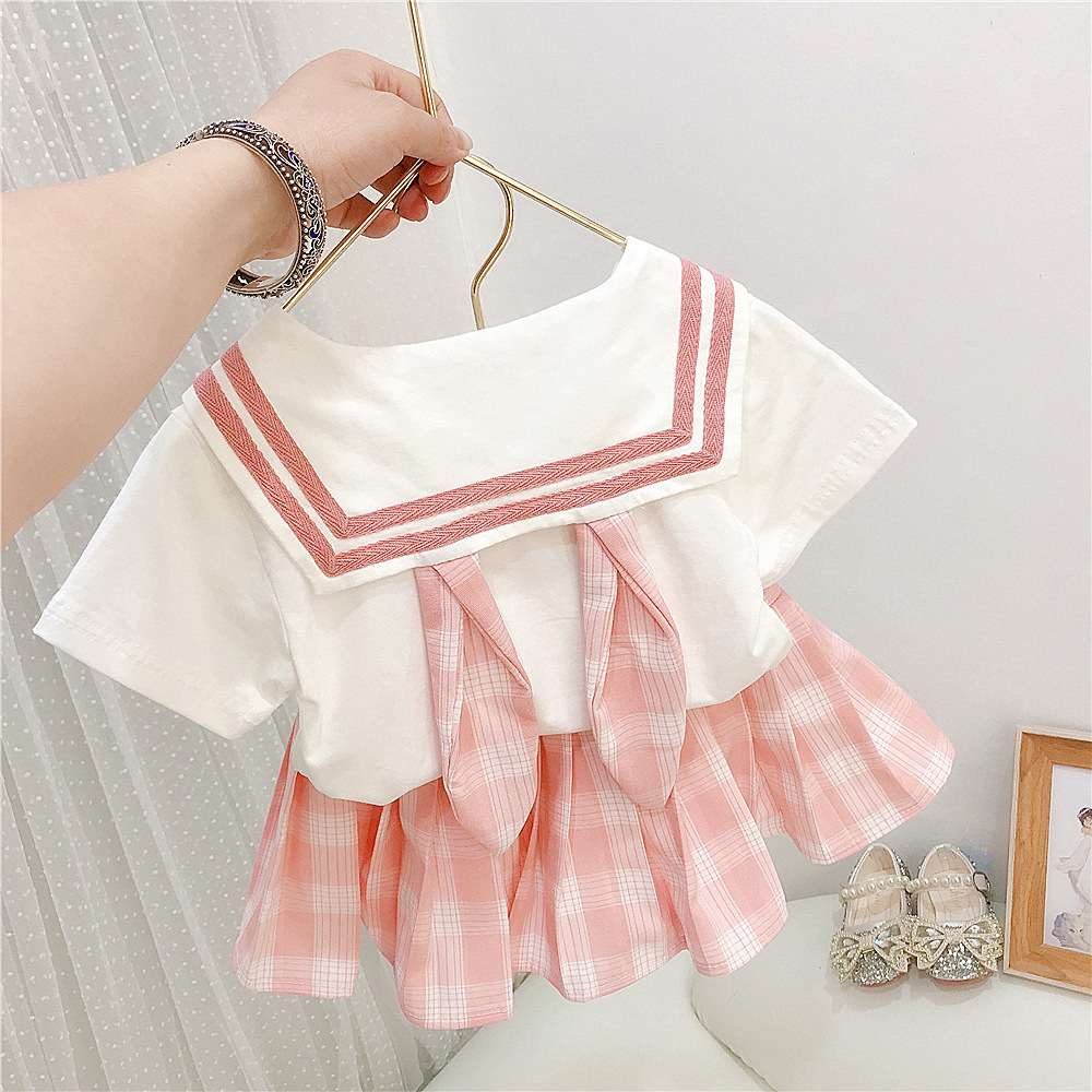 2025 New girls' clothing: grid bow T-shirt, pleated skirt, little Girls' set, Little girls' clothing details Picture