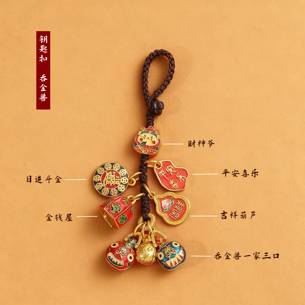New keychain, sand gold God of Wealth mobile phone chain, family of three to bring good fortune and devour gold beast car key chain pendant details Picture