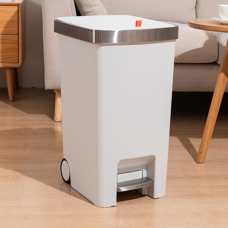 This is a high-end, light luxury household trash can with a foot pedal, lid and large capacity for the kitchen and toilet