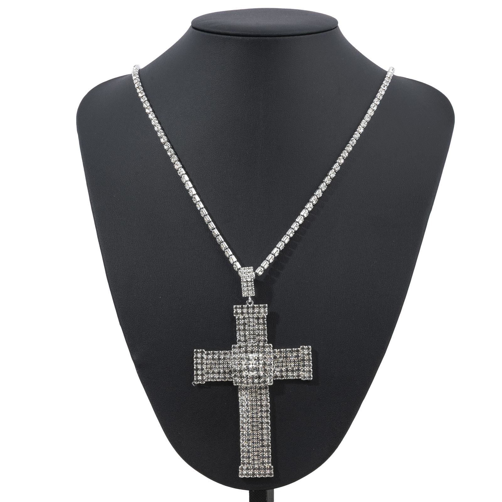 This is a new cross-border necklace from Europe and America. It features an exaggerated cross water diamond necklace, a unique and trendy long pendant, and a grand, shiny necklace with full diamonds details Picture