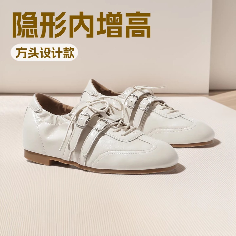 studiolee's 3cm height-increased square toe double-buckle lace-up casual shoes with a ballet-style leather upper Specification image