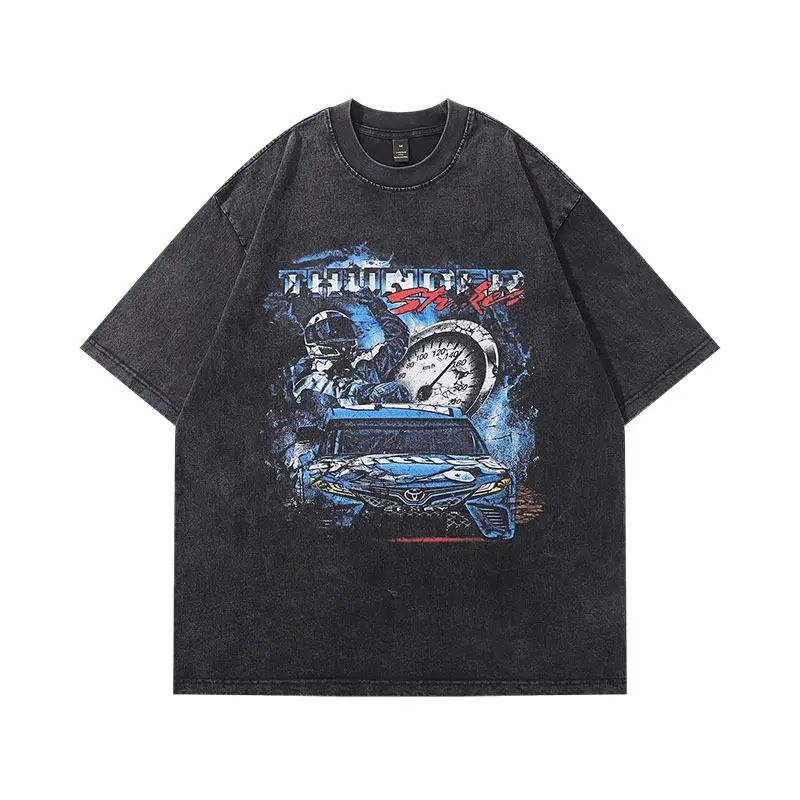 Washed and aged graffiti printed short-sleeved T-shirt, oversized off-the-shoulder men's short-sleeved T-shirt details Picture