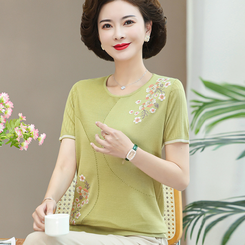 国潮2026夏季新款天丝针织衫短袖女圆领宽松拼色T恤时尚透气凉感上衣
