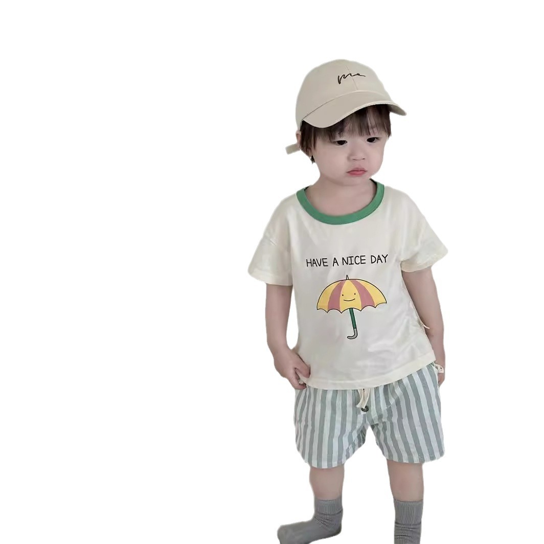 Boys' short-sleeved T-shirt, striped shorts set, summer thin Korean-style children's clothing 2025 summer style, baby summer clothing Item Picture