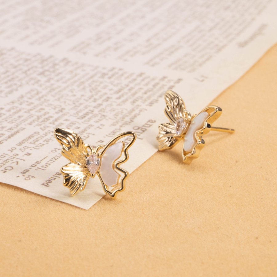 Wholesale of new copper-plated real gold S925 silver needle asymmetrical oil-dripping hollowed-out mother-of-pearl butterfly stud earrings, fashionable Korean version thumbnail