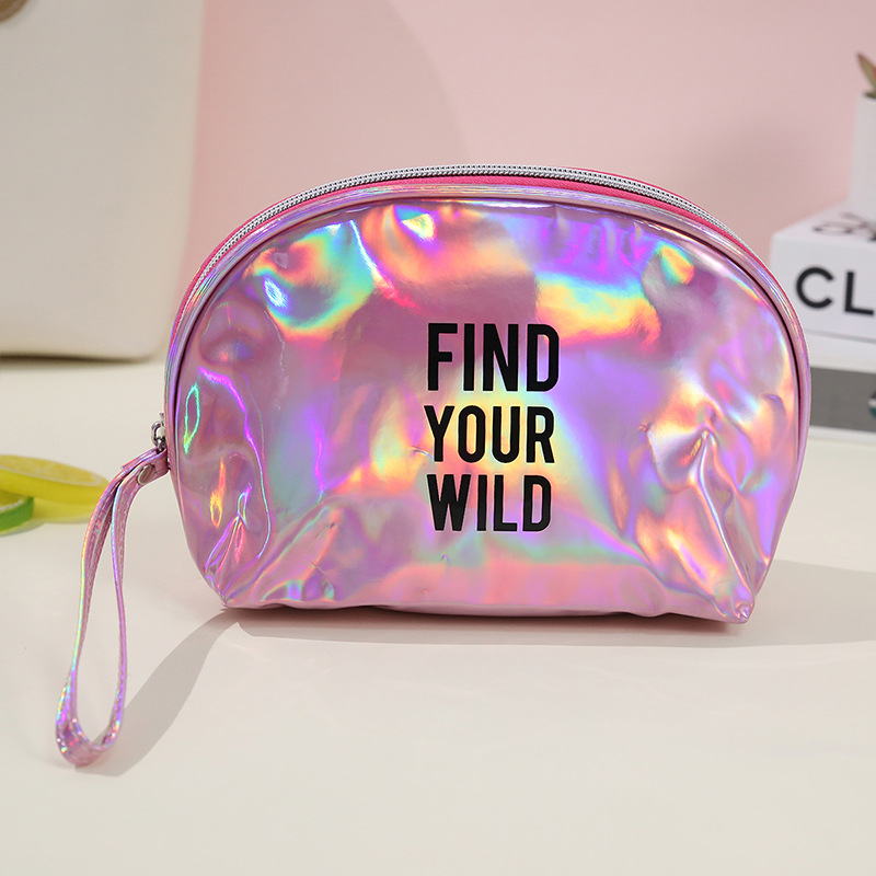 Cross-border letter laser PU makeup bag, women's portable semi-round hand-held makeup bag, waterproof toiletries storage bag Application Scenario