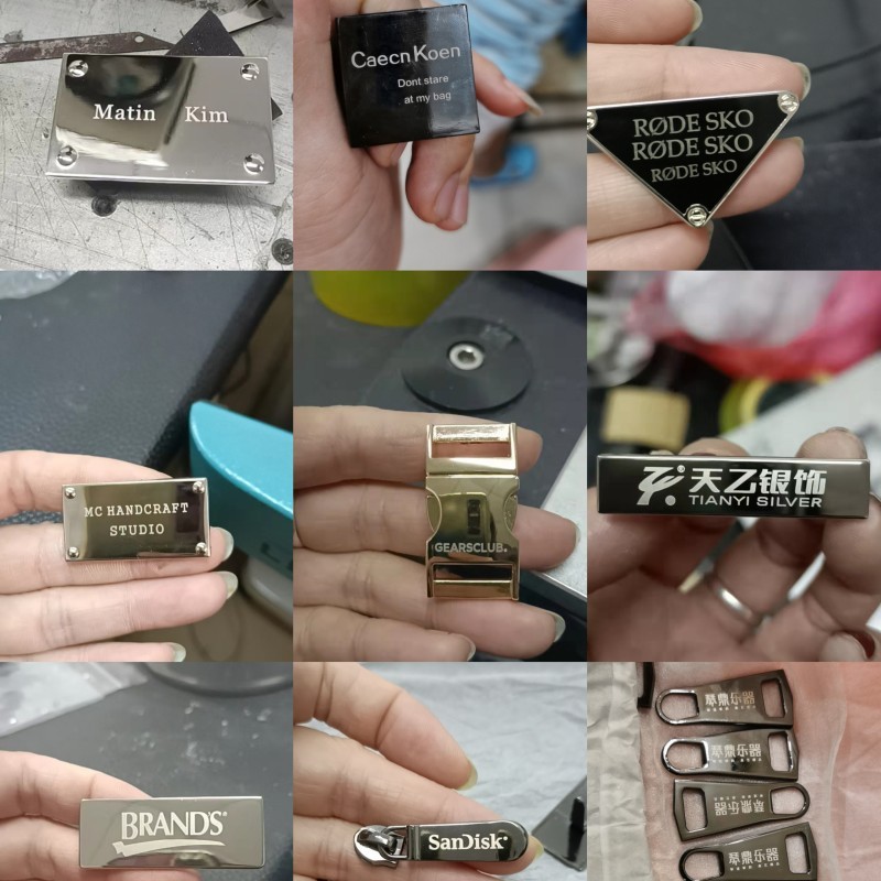 Smooth surface tags for bags, blank logos, trademarks, laser metal nameplates, in stock for wholesale Application Scenario