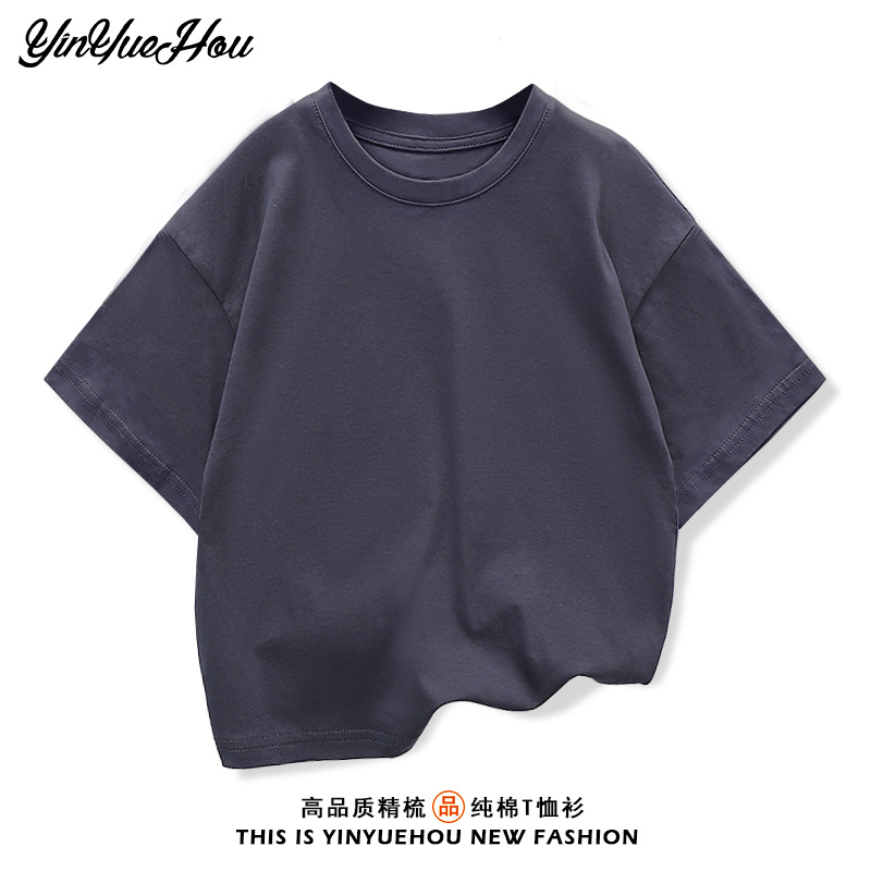 Wholesale of children's off-the-shoulder short-sleeved T-shirts for summer 2026, pure cotton round-neck loose base layer, student sportswear details Picture