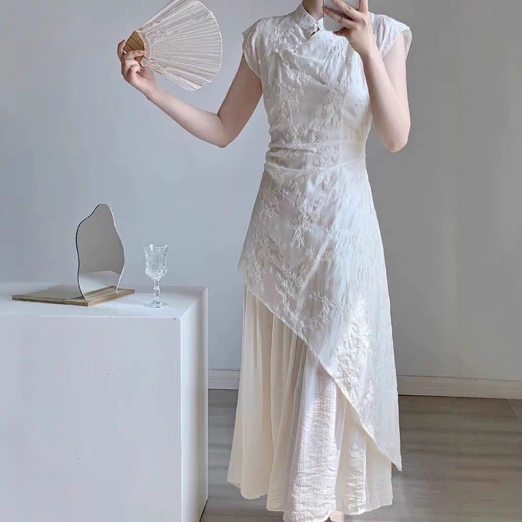 New Chinese-style embroidered stand-up collar dress for women 2025 New style waist-cinching irregular Chinese-style modified cheongsam dress