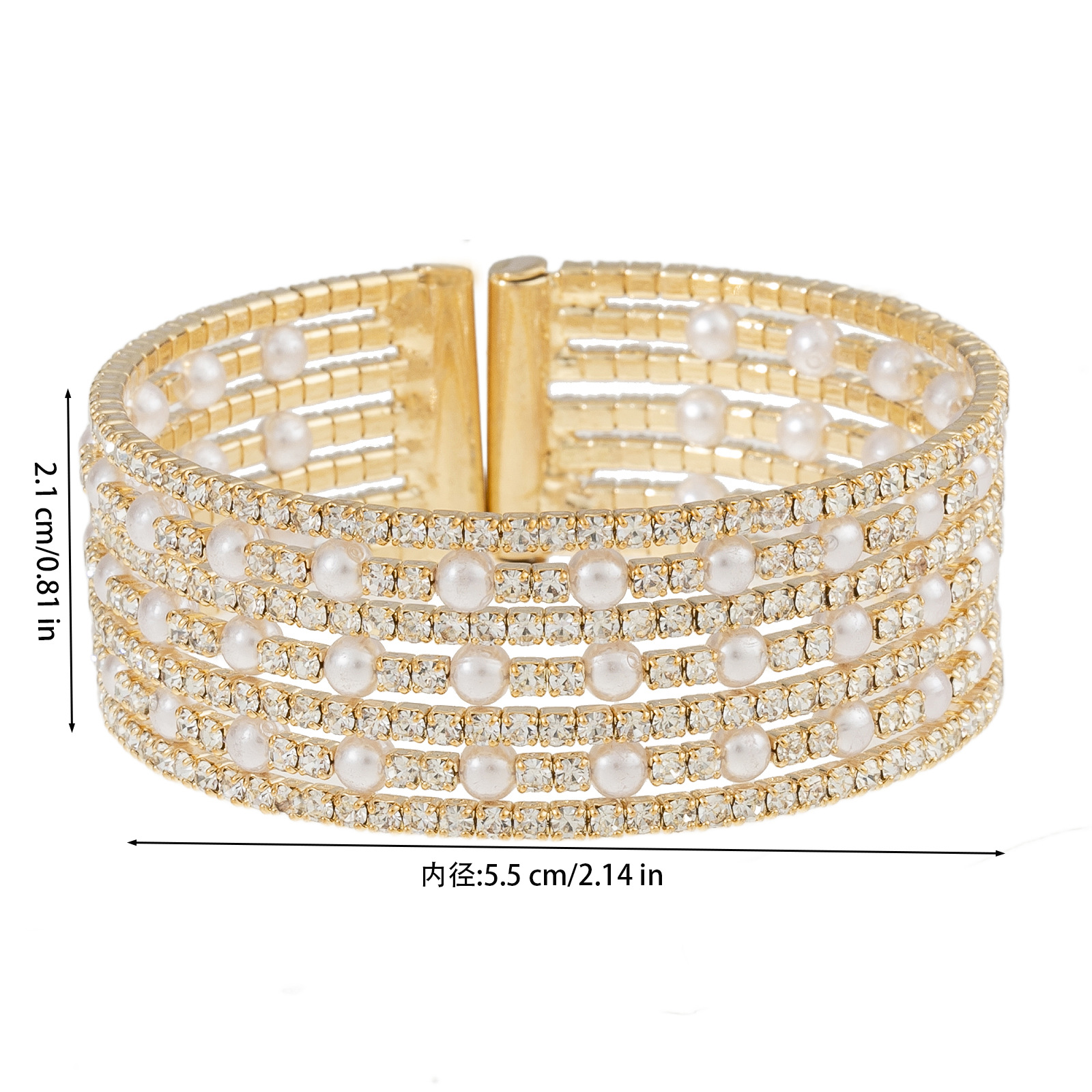 New cross-border multi-layer water diamond pearl elastic open bracelet for brides' wedding banquet, full diamond 7 rows of jewelry Specification drawing