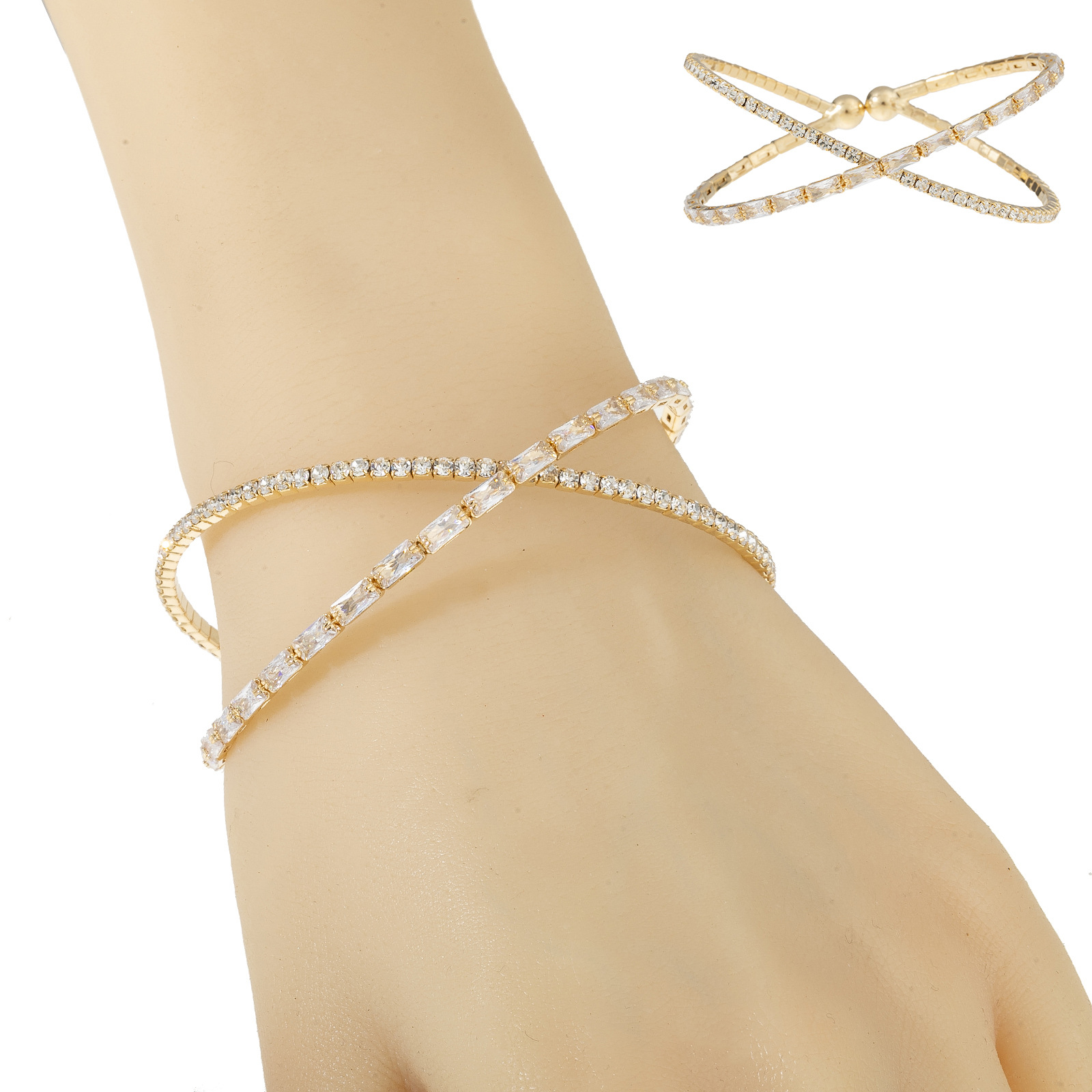 Aliexpress's best-selling cross-border style 2-row cross-shaped three-dimensional zircon bracelet, a versatile water diamond bracelet for women's banquets details Picture
