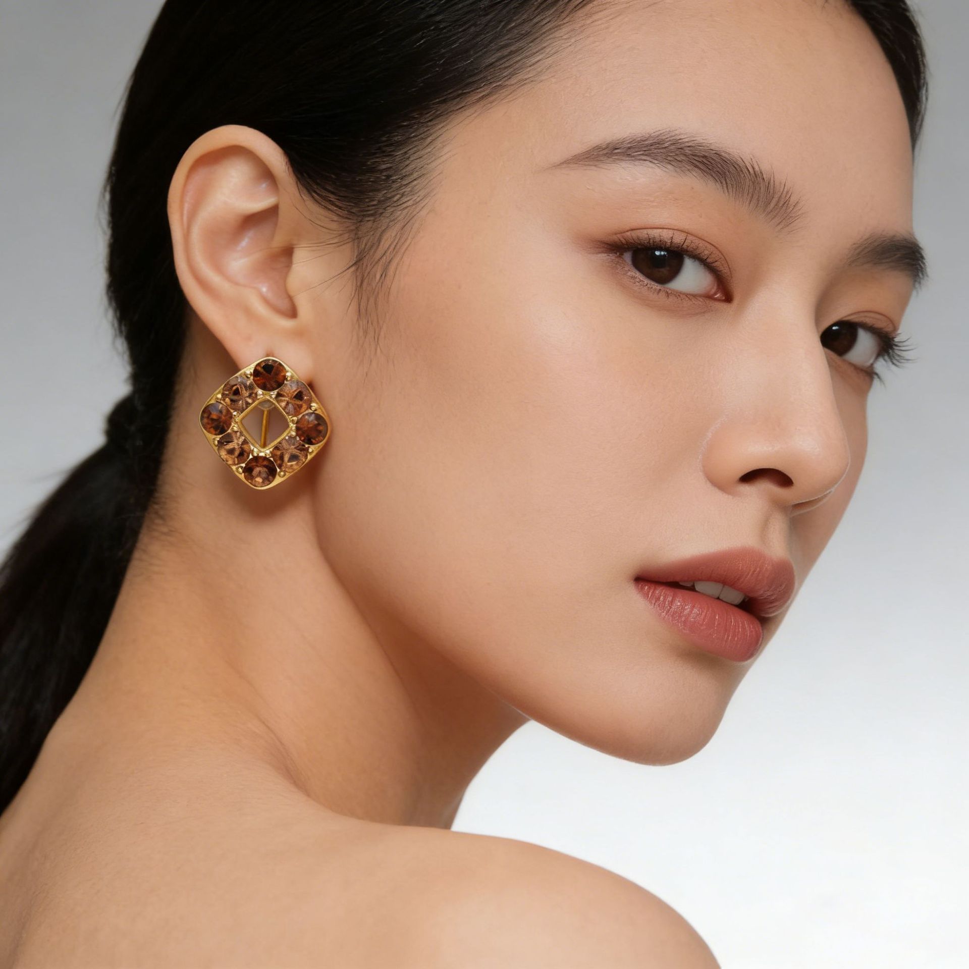 Hyacinth925 silver needle retro Hong Kong-style small stud earrings, niche design, commuting caramel-colored square earrings, elegant earrings Specification image