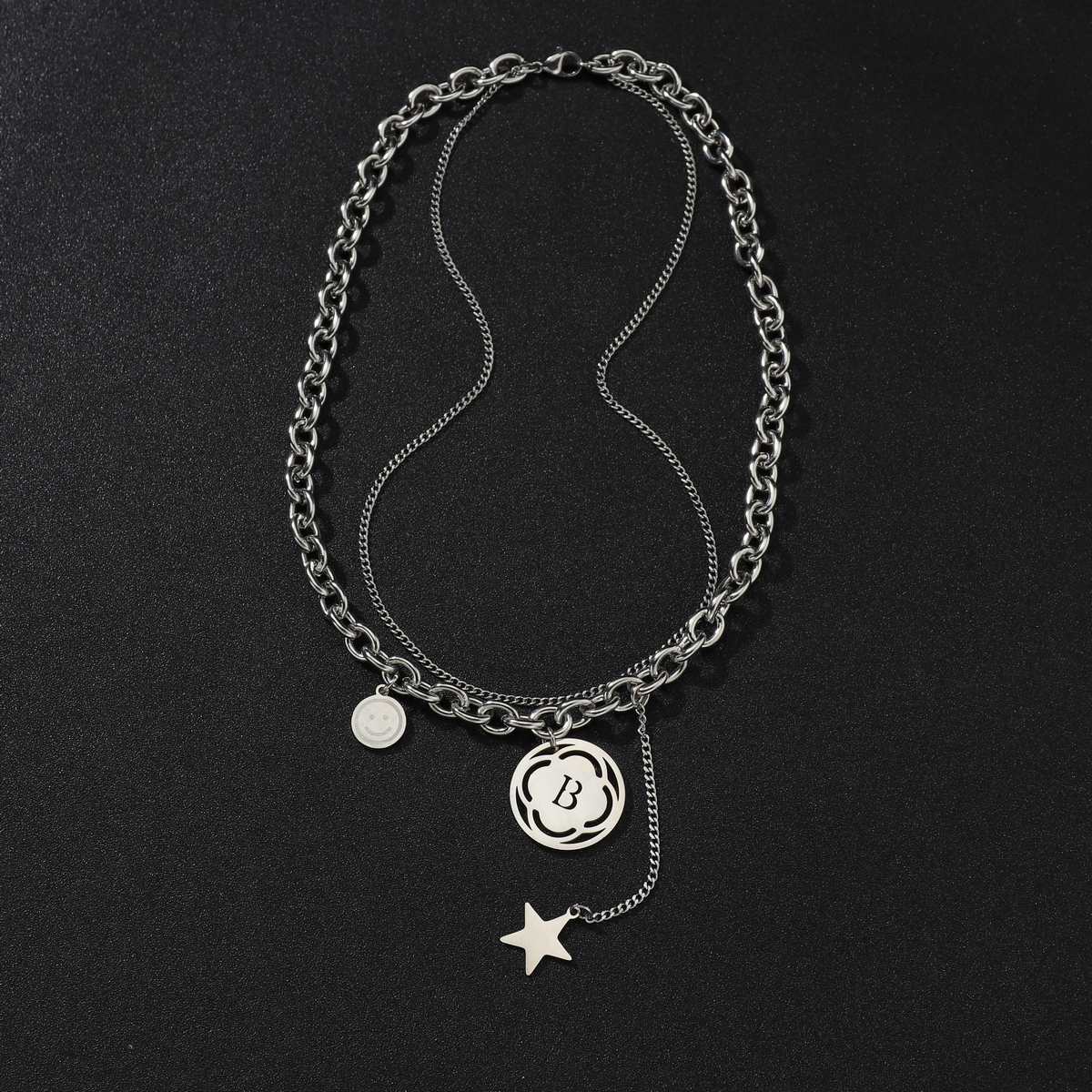 Cross-border supply titanium steel B-shaped double-layer necklace, couple necklace, NK chain punk hiphop stainless steel necklace Specification image