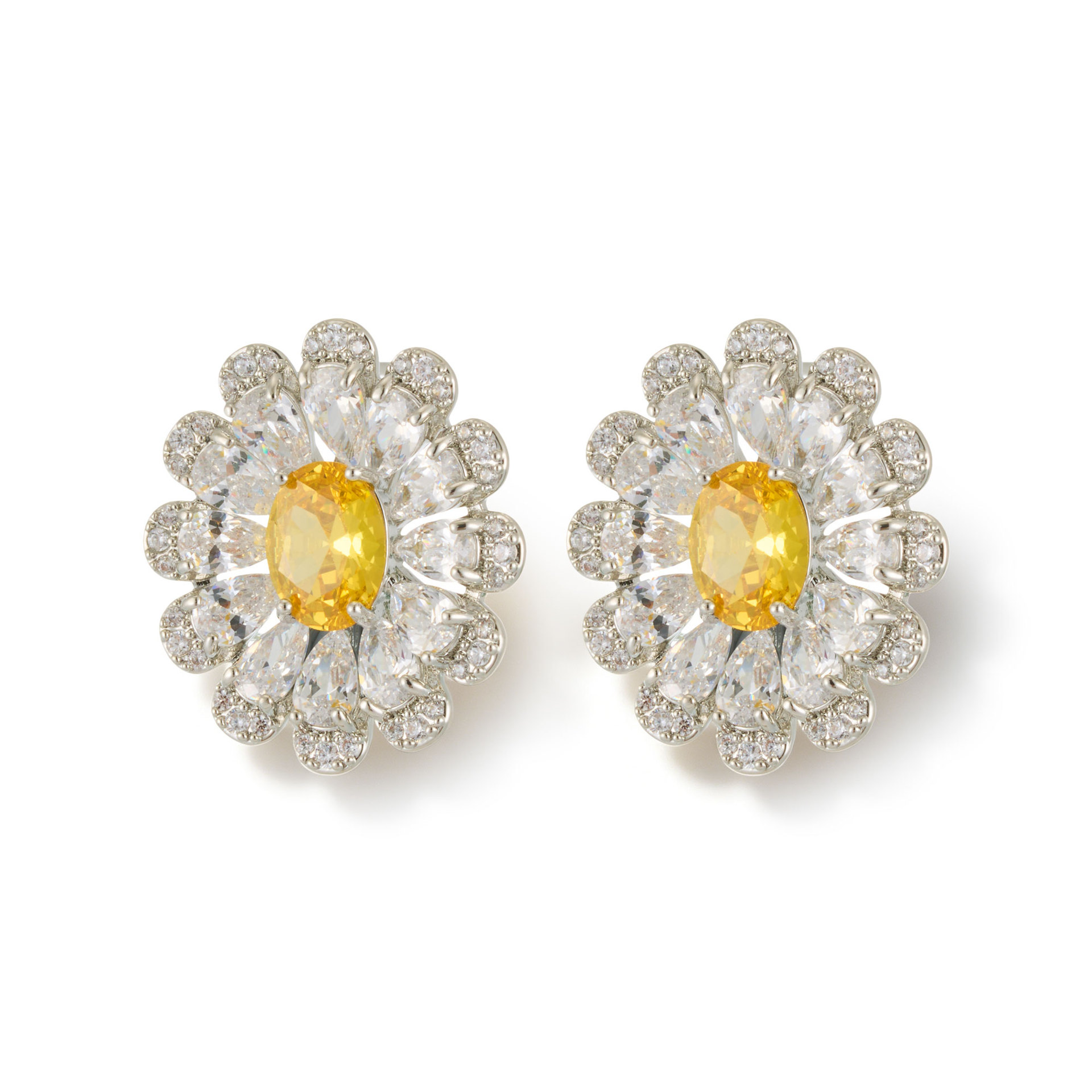 Light luxury and high-end sunflower stud earrings, copper alloy with micro-inlaid zircon s925 silver needle, golden yellow and blue spinel, versatile earrings Item Picture
