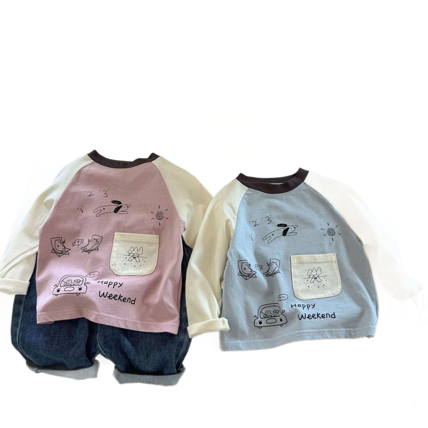 Children's Stylish Spring and Autumn Boys and Girls 2025 color-blocking new cartoon-printed pure cotton baby long-sleeved pocket T-shirts Item Picture