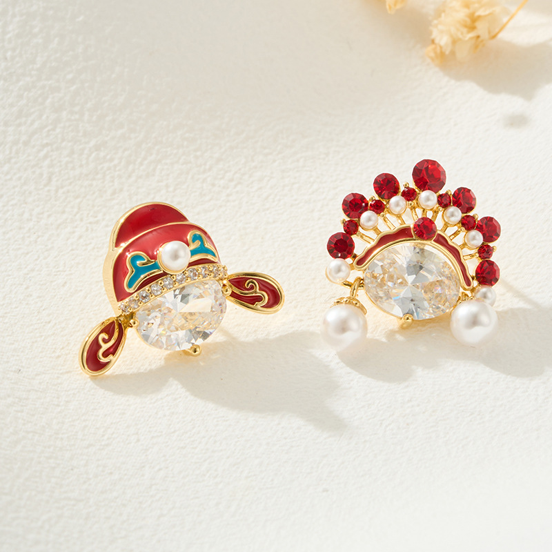 Nuevo estilo chino China China China ópera de pekín cara pareja pendientes aleación de cobre oro real chapado con circonio pendientes s925 plata aguja auricular