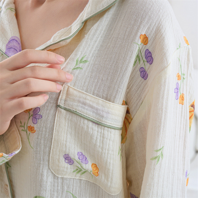 The Spring and Autumn Women's wrinkled gauze set is a comfortable, breathable and soft home wear that can be worn over a cardigan, lapel and pajamas Specification image