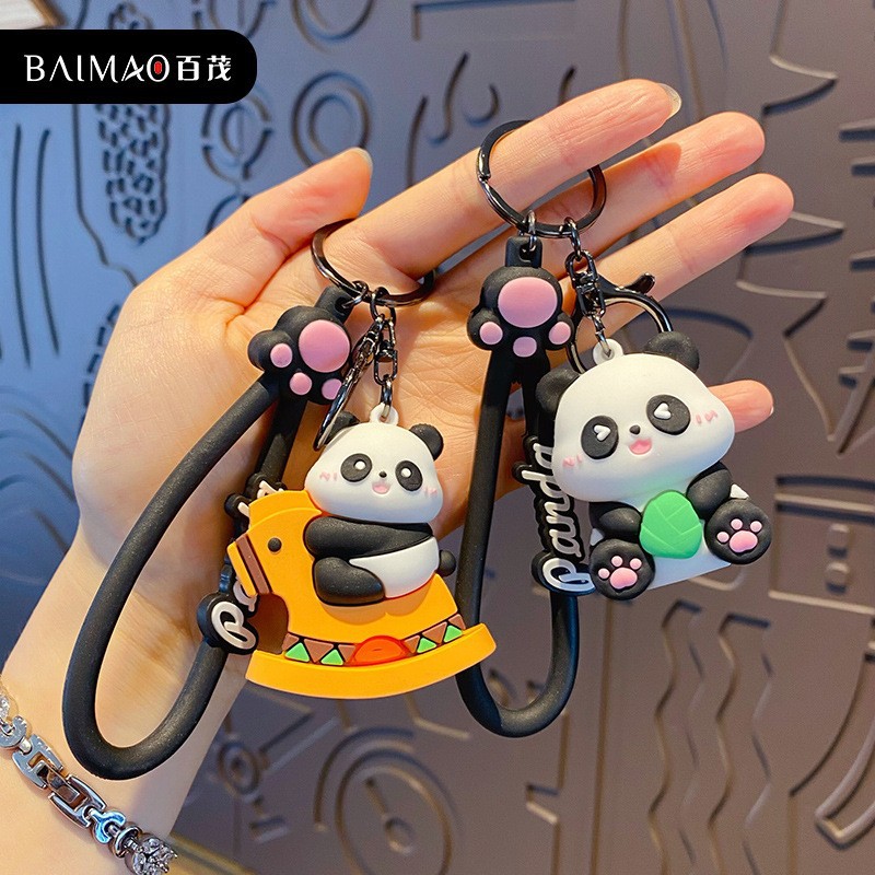 Panda dolls, cartoon keychains, cute wooden horse, little panda, exquisite cars, couple backpacks, pendants and gifts wholesale