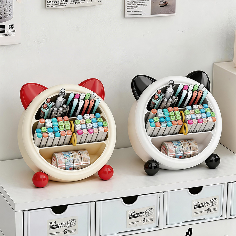 Cute cat-shaped wooden pen holder, desktop storage box, remote control, mobile phone stand, wooden color pasted style details Picture