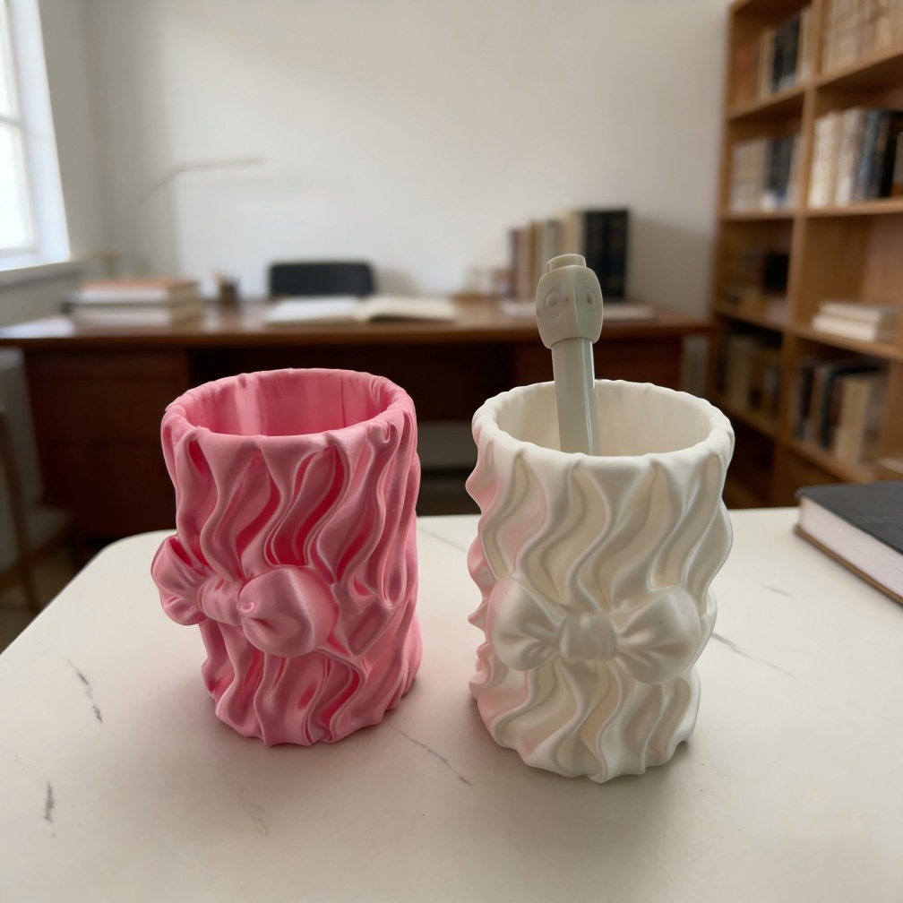 Color rosa ondulado patrón arco rotary pen holder blanco impresión 3D papelería de oficina almacenamiento decoración de escritorio creativa Specification image