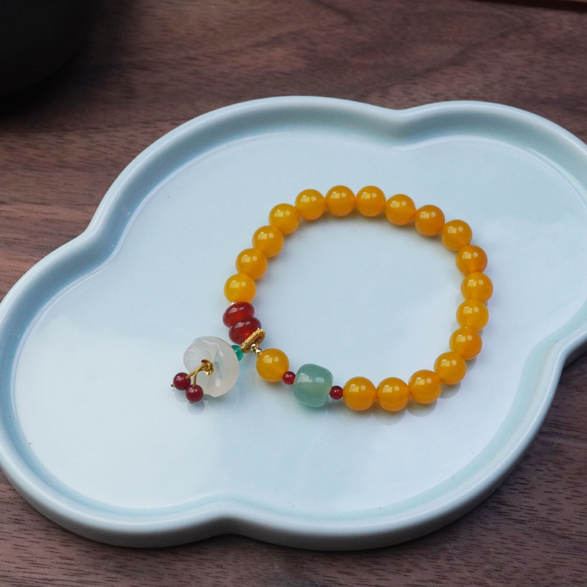 新中式天然黄玛瑙水晶手串莲蓬甜美花朵平安扣吊坠女手链串珠饰品