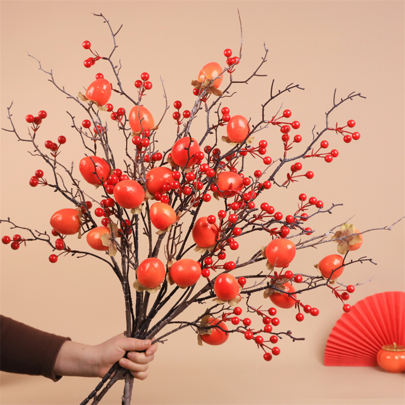 Pomegranate flower, artificial flower arrangement, Holly, red fruit, money fruit, persimmon, New Year decoration, dried flower bouquet for New Year's Eve details Picture