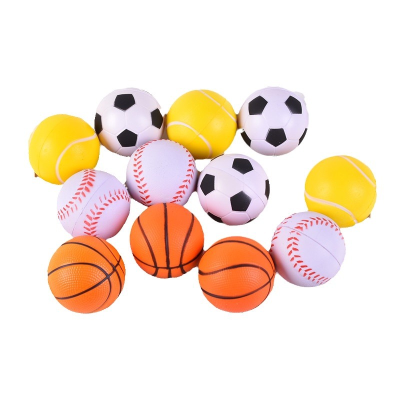 Our factory sells 63mm MPU foam toys of various types, including footballs, nets, bats, golf balls, smiling faces, olives and volleyballs, which can be used as logos Item Picture