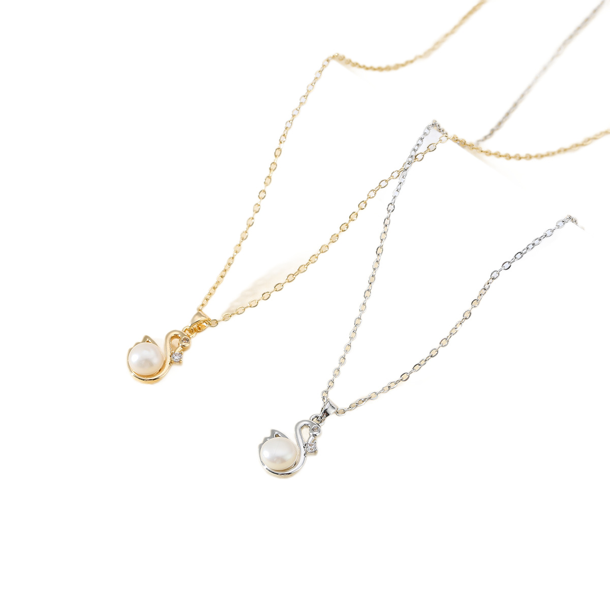 Wholesale of new copper-plated real gold natural freshwater pearl swan pendant and zircon necklace collarbone chain Item Picture
