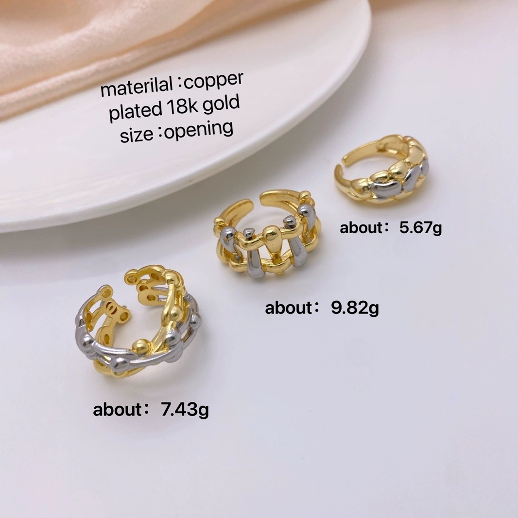 This is a niche design for women, featuring a high-end and fashionable European and American style. It is a unique hollowed-out woven ring with copper plating and 18K gold Specification drawing